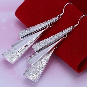 Long rectangular stacked Silver Earrings